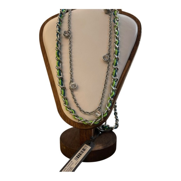 NWT Ann Taylor Necklace Layered Crystal Stations Green Blue Braided Chain 34" - Picture 5 of 7